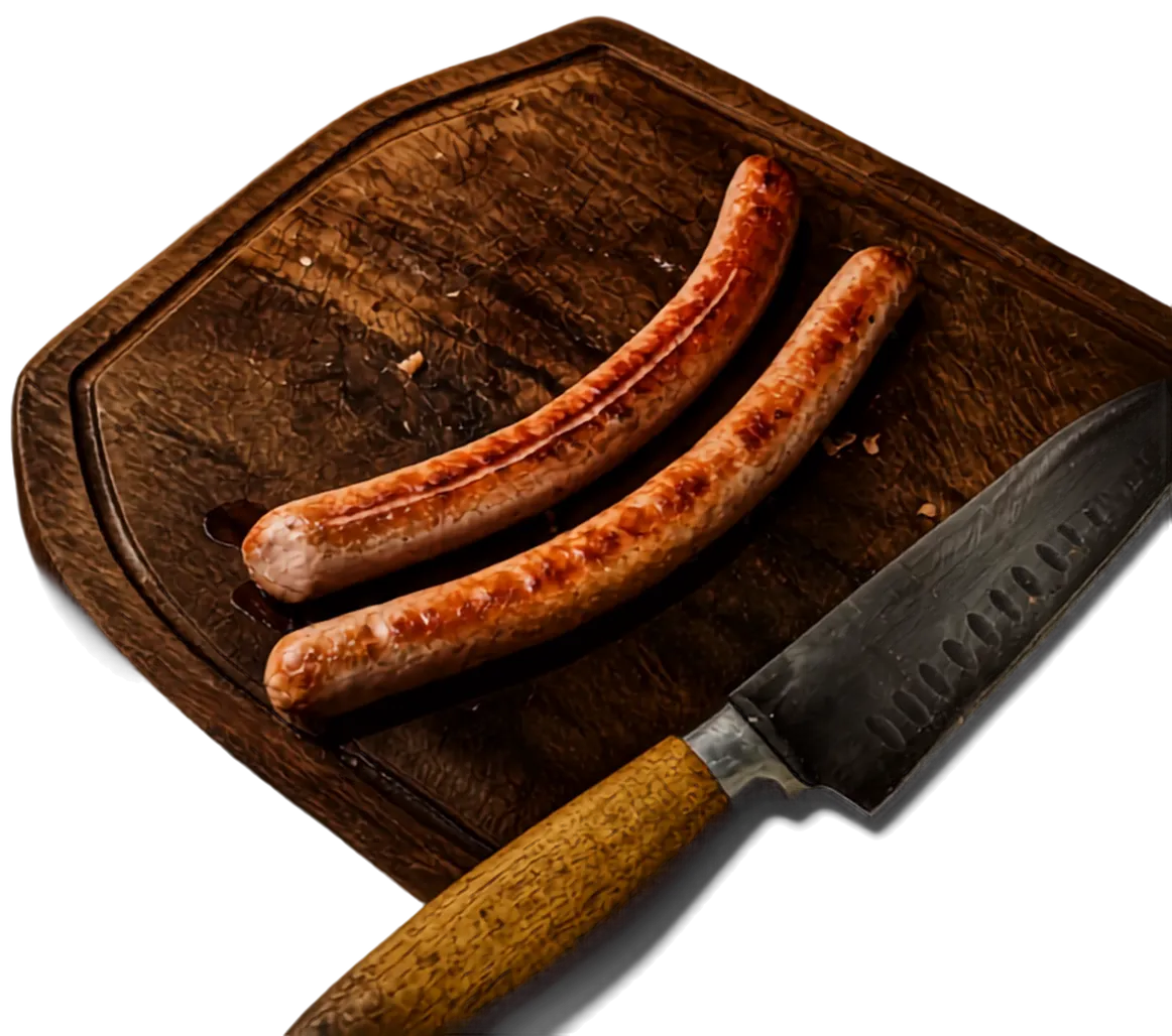 Salchichas ahumadas sobre tabla de madera